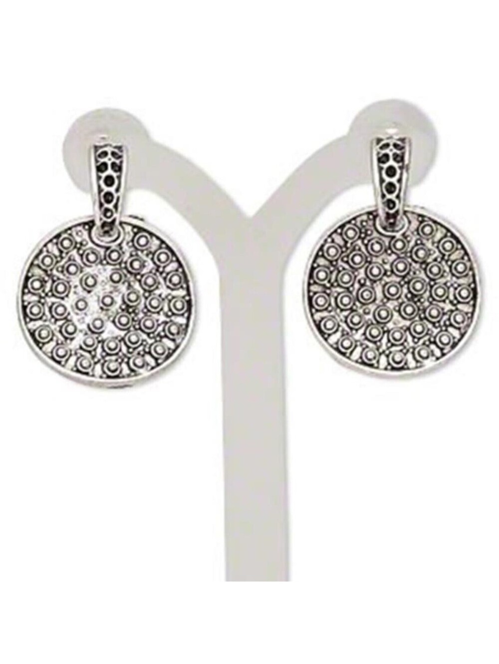 Antique Silver Plated Avant Garde Dotted Round Circle Dangle Earrings